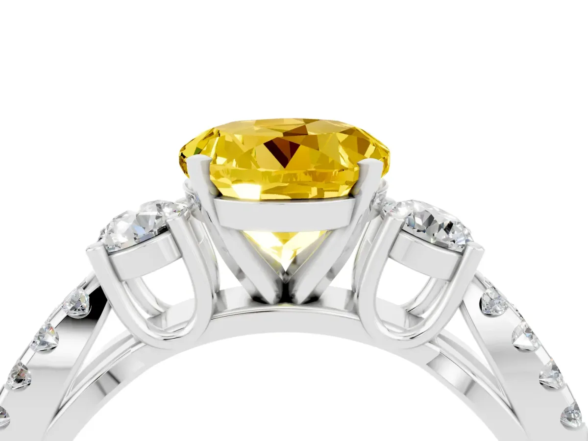 Round Cut Yellow Sapphire Three-Stone Ring with Pavé Split Shank and Four-Prong Setting Silver