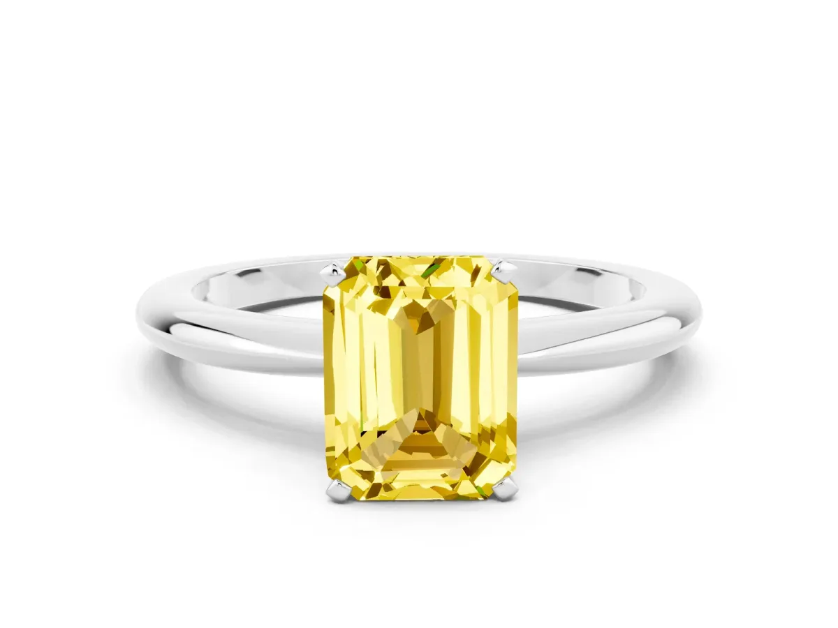 Emerald Cut Yellow Sapphire Solitaire Ring with Six-Prong Setting and Classic Band Silver