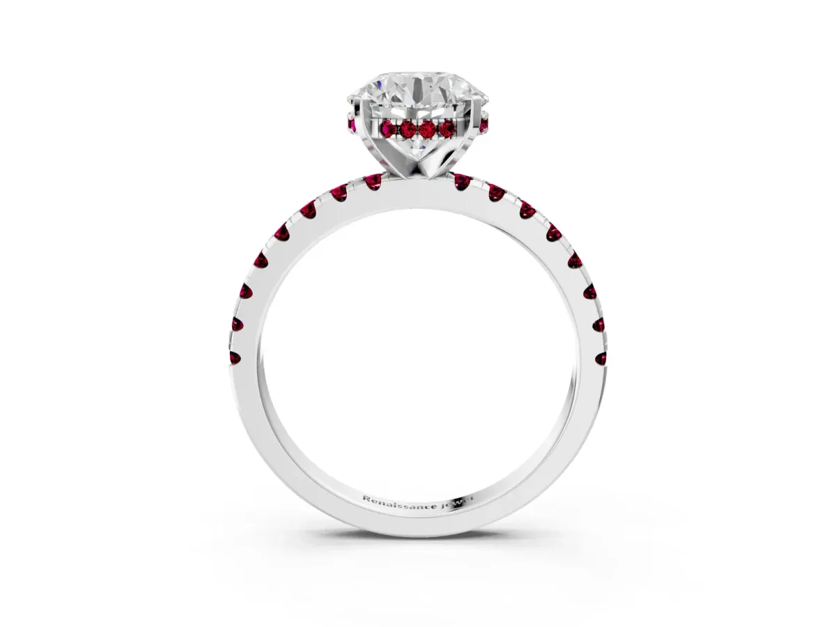 Round Cut Diamond Solitaire Ring with Round Garnet Pavé Band and Four-Prong Setting Silver