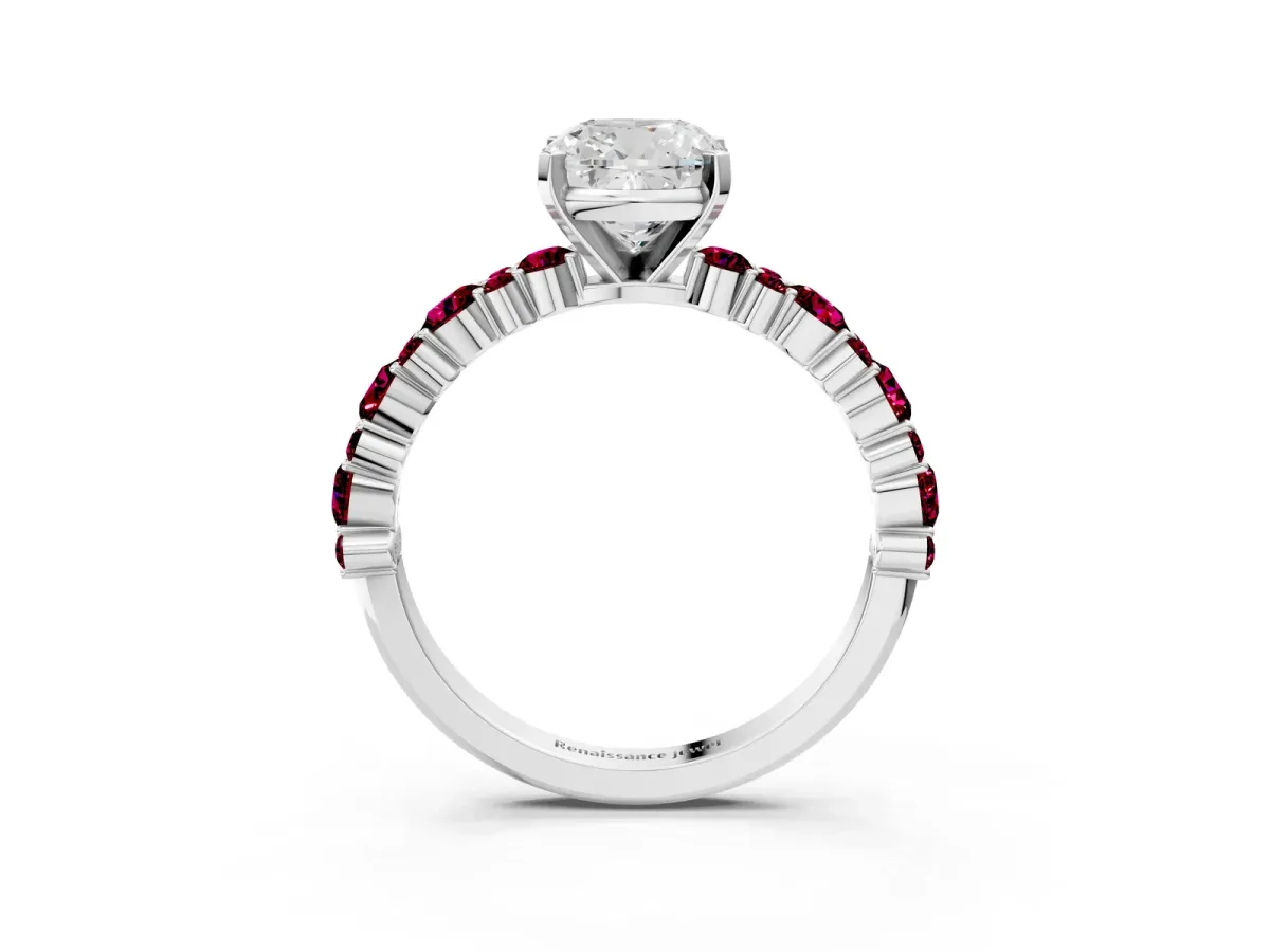 Cushion Cut Diamond Side Stone Solitaire Ring with Round Garnet and Four-Prong Setting Platinum