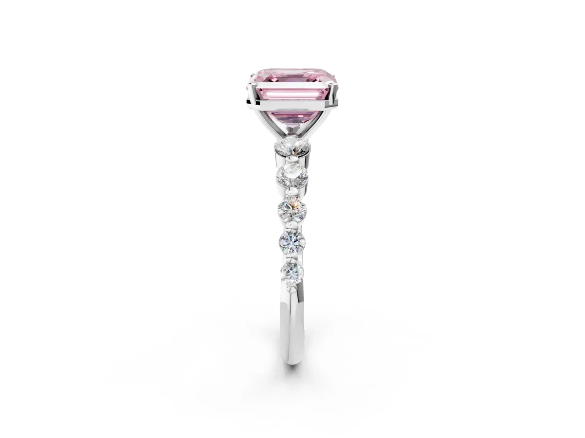 Fancy Pink Asscher Cut Solitaire Diamond Ring with Pave Band and Four-Prong Setting Silver
