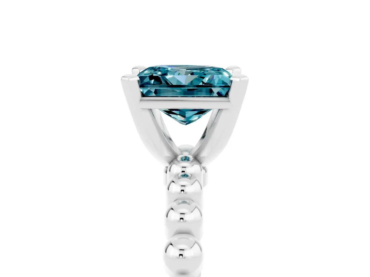 Princess Cut Blue Topaz Solitaire Ring with Beaded Band and Prong Setting Silver