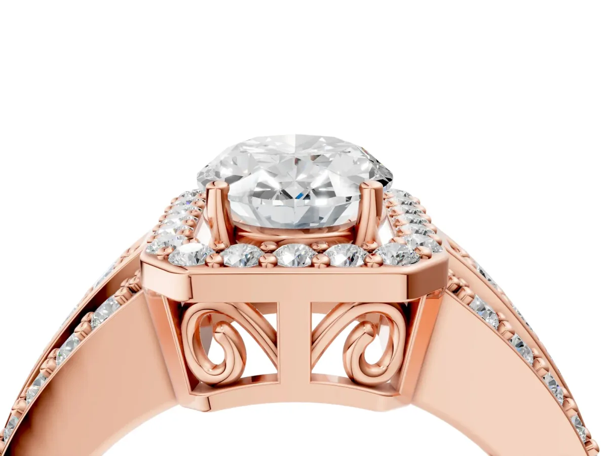 Oval Cut Halo Diamond Ring with Round Split Shank and Prong Setting Rose gold