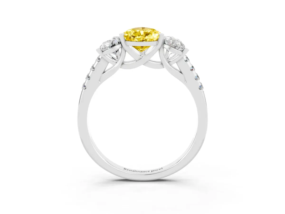 Three-Stone Pear Cut Yellow Sapphire Ring with Round Pavé Band and Prong Setting Silver
