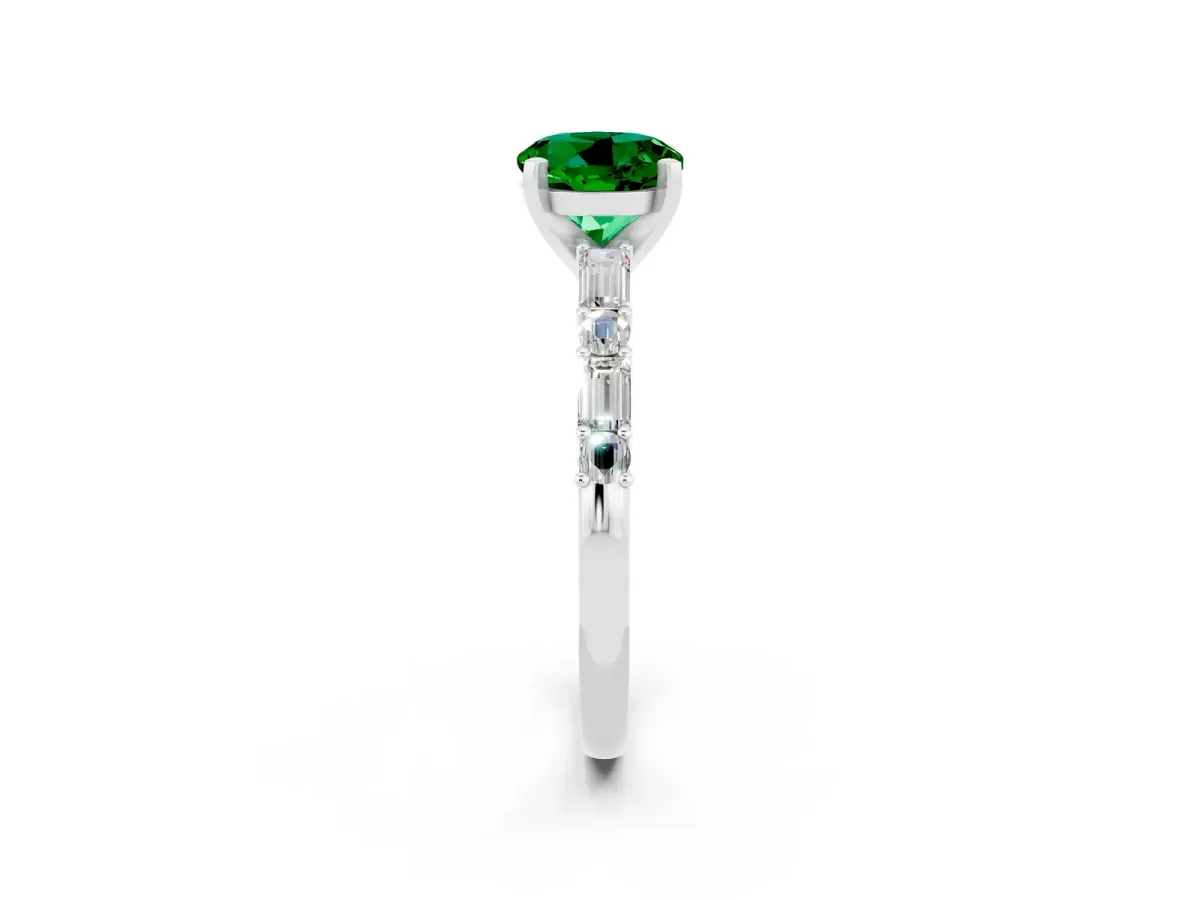 Round Cut Emerald Solitaire with Side Baguettes and Channel Set Band Platinum