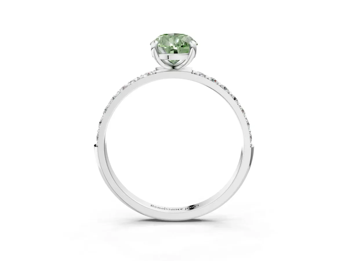 Fancy Green Pear Cut Diamond Solitaire Ring with Round Pavé Band and Prong Setting Silver