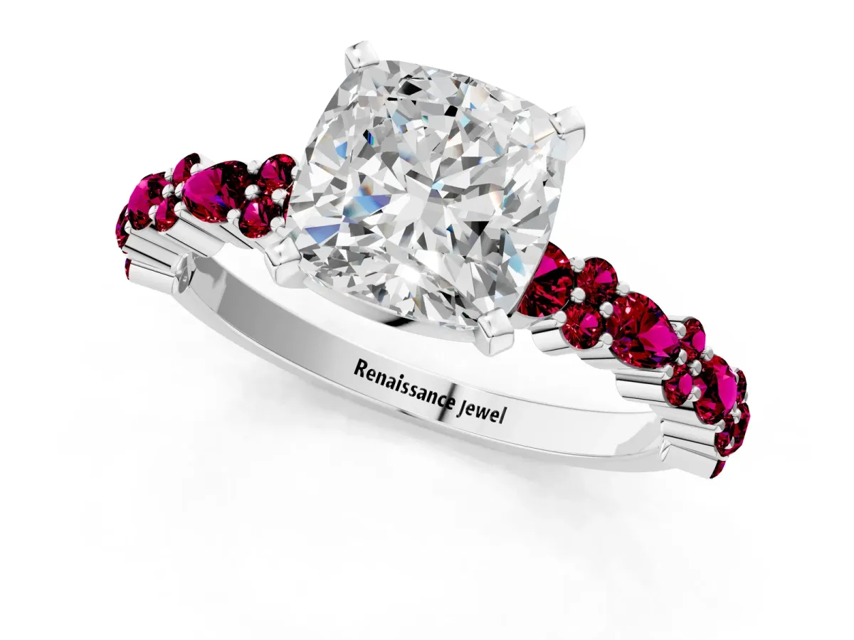 Cushion Cut Diamond Side Stone Solitaire Ring with Round Garnet and Four-Prong Setting Platinum