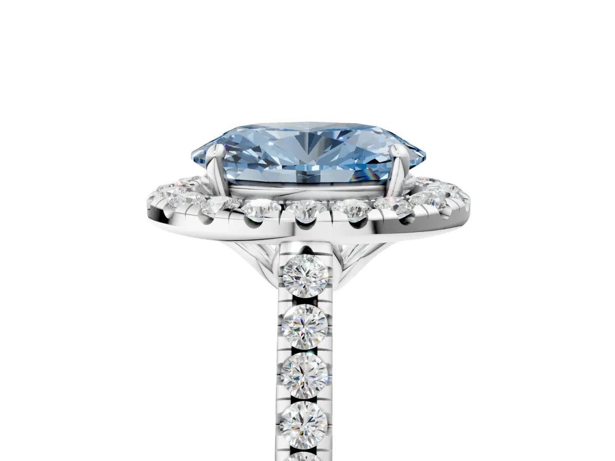 Fancy Blue Oval Cut Halo Pavé Diamond Engagement Ring with Four-Prong Setting Silver