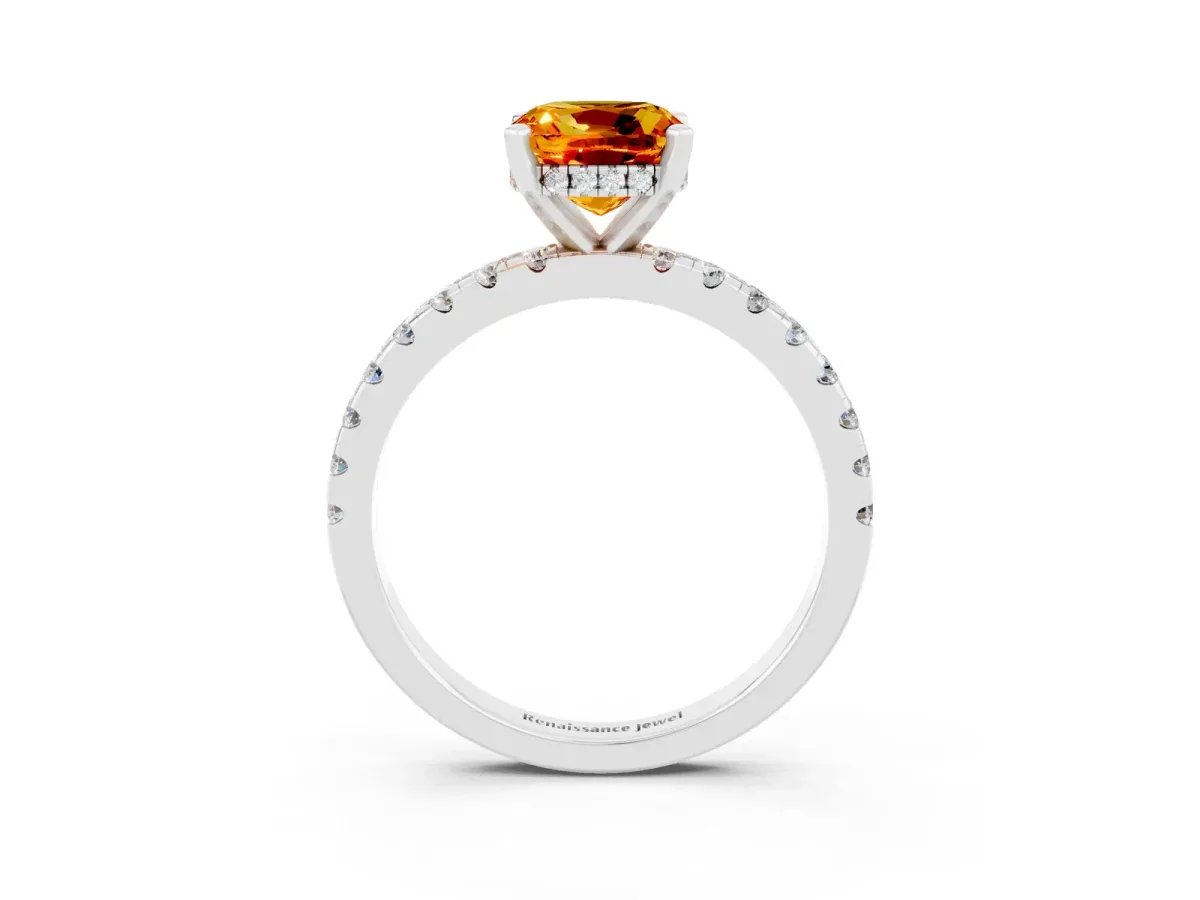 Cushion Cut Citrine Solitaire Ring with Round Pavé Band and Four-Prong Setting Silver