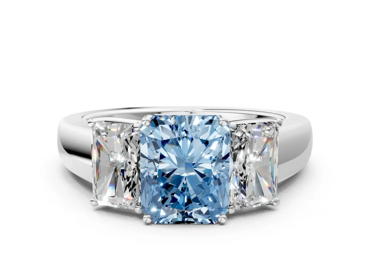 Fancy Blue Three-Stone Radiant Cut Cut Diamond Ring with Prong Setting and Classic Band Platinum