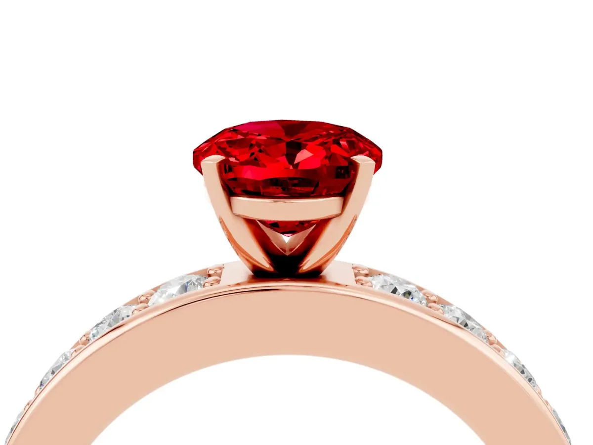 Oval Cut Ruby Engagement Ring with Channel Set Round Band and Prong Setting Rose gold
