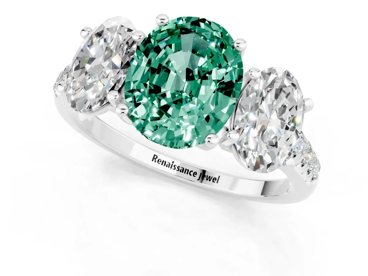 Three-Stone Oval Cut Green Sapphire Ring with Round Pavé Band and Prong Setting Silver