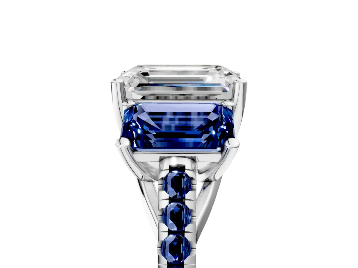 Three-Stone Emerald Cut Diamond Ring with Round Blue Sapphire Pavé Band and Prong Setting Silver