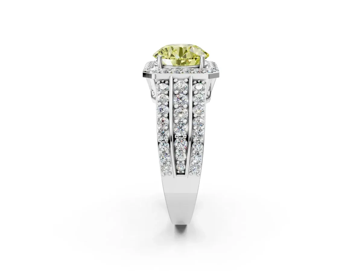 Fancy Yellow Round Cut Halo Diamond Ring with Round Split Shank and Prong Setting Platinum