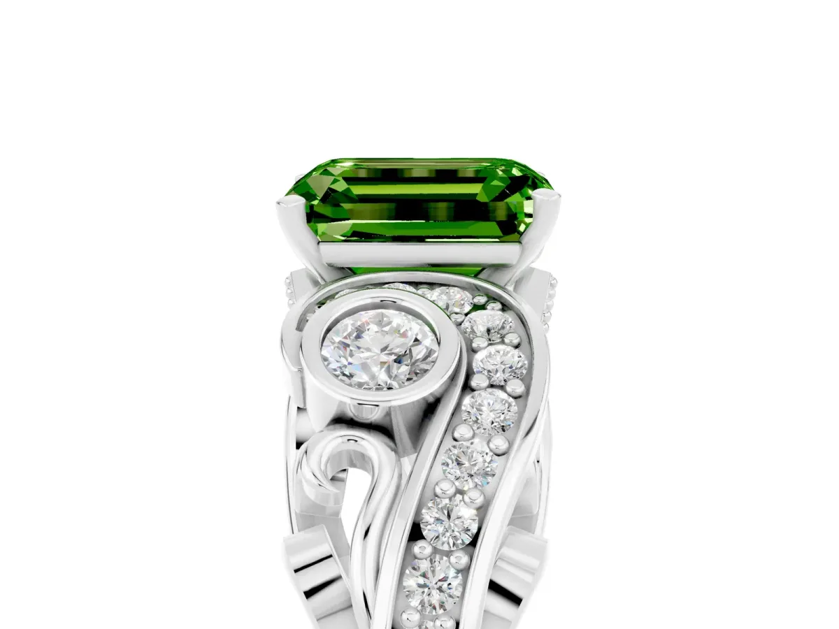 Emerald Cut Peridot Solitaire Ring with Milgrain Pavé Band and Four-Prong Setting Silver