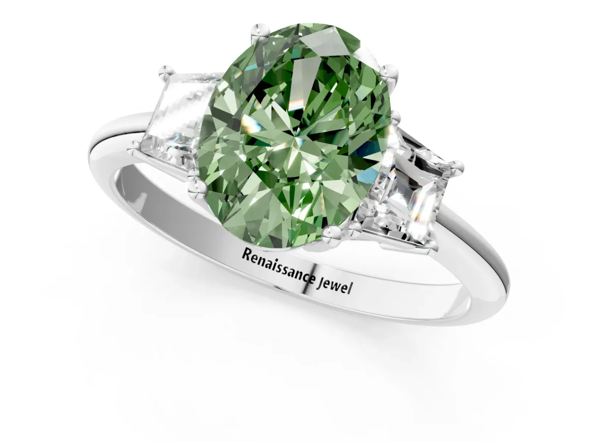 Fancy Green Oval Cut Diamond Three-Stone Ring with Trapezoid Side Stones and Prong Setting Platinum