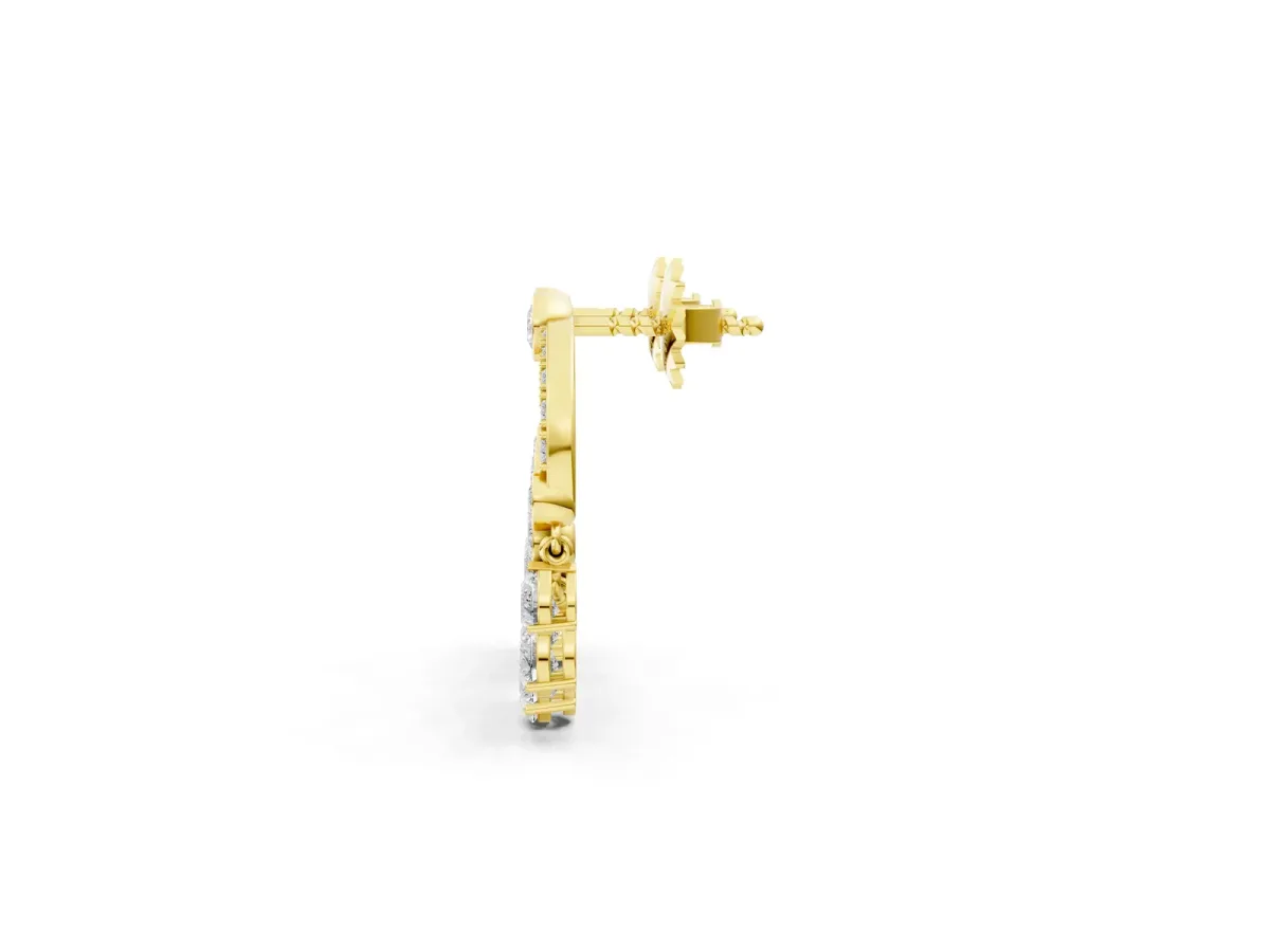 Round and Pear Diamond Dangle Earrings Yellow gold