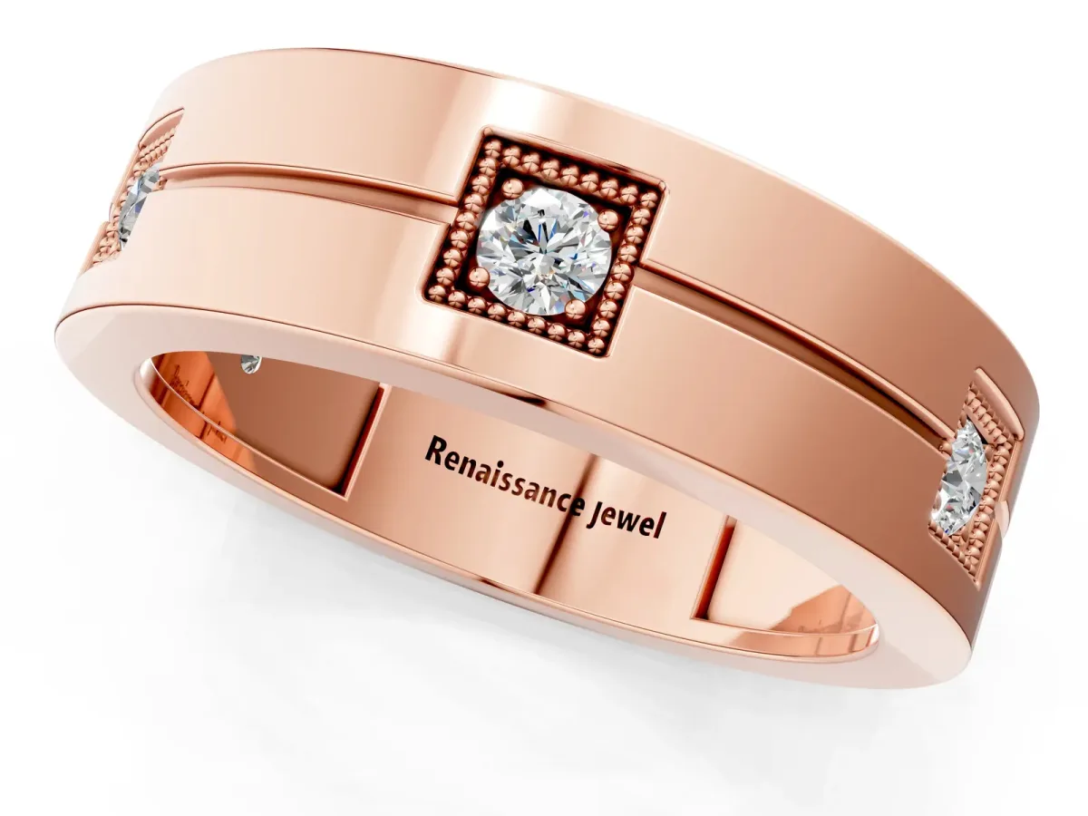 Round Diamond Square Station Mens Band Rose gold