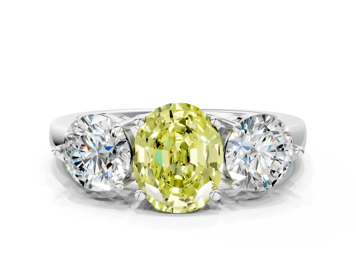 Fancy Yellow Oval Cut Diamond Three-Stone Ring with Prong Setting and Classic Band White gold