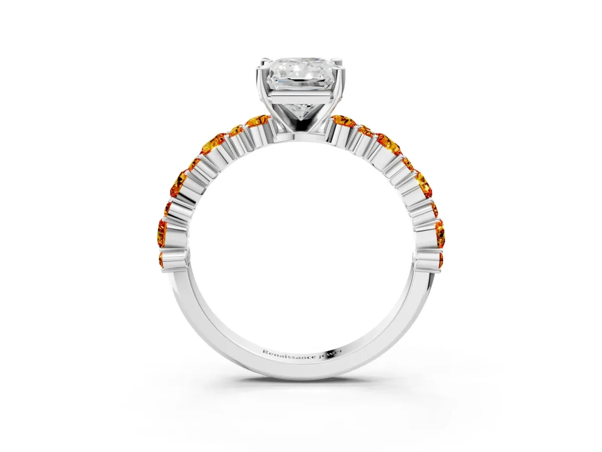 Radiant Cut Diamond Side Stone Solitaire Ring with Round Citrine and Four-Prong Setting Platinum
