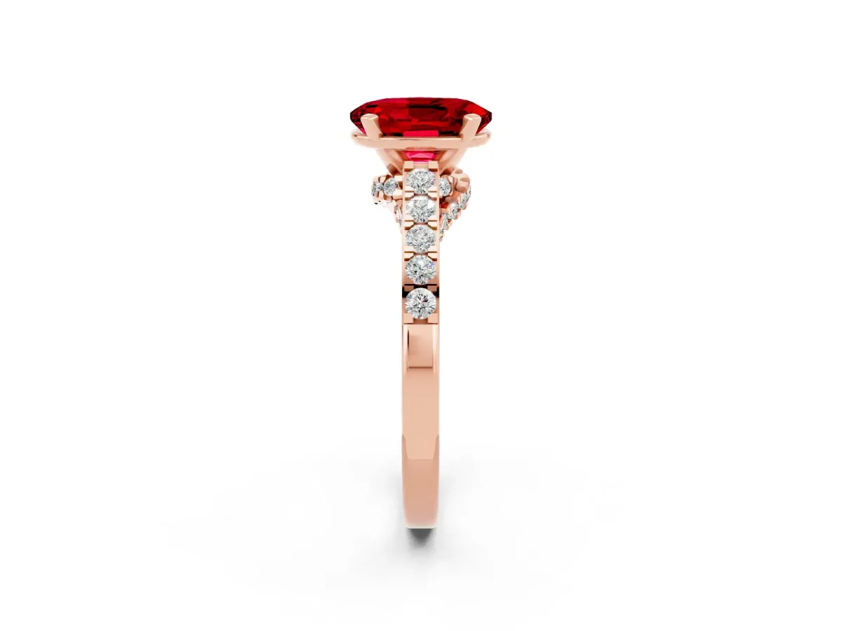 Oval Cut Ruby Solitaire Ring with Crossover Gallery and Round Pavé Band Rose gold