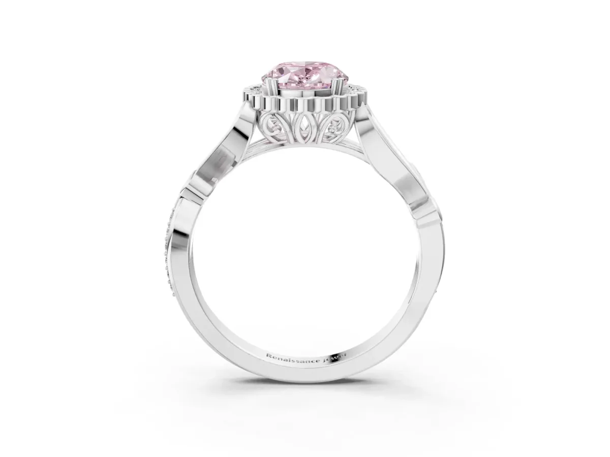 Fancy Pink Oval Cut Diamond Halo Ring with Vintage Split Shank and Four-Prong Setting Silver