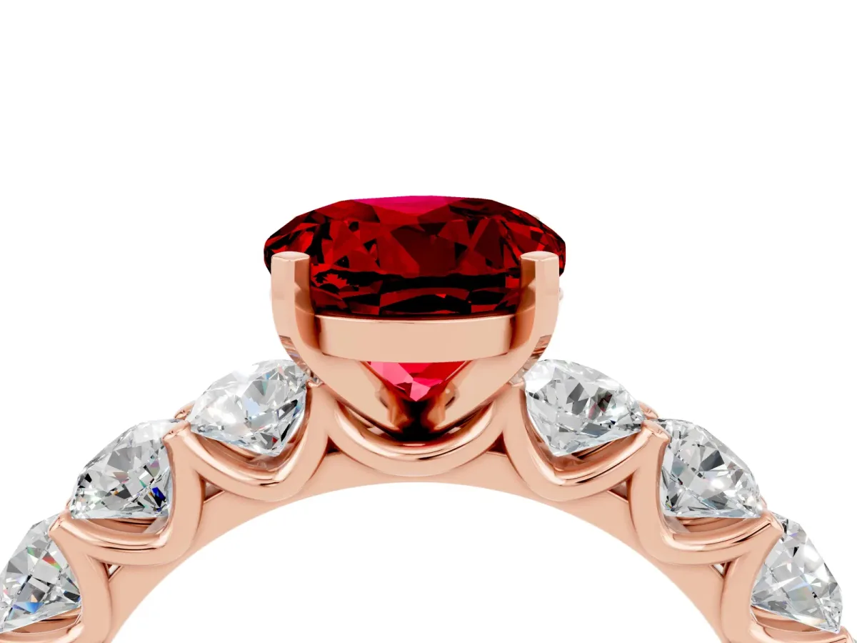 Round Cut Ruby Prong Setting with Side Stones on a Pave Band Rose gold