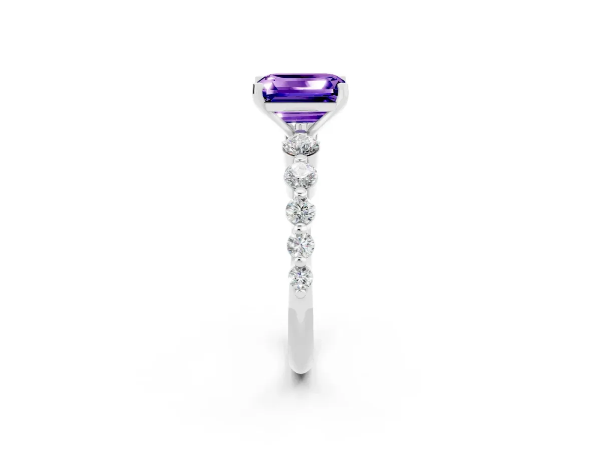 Emerald Cut Solitaire Tanzanite Ring with Pave Band and Four-Prong Setting Silver