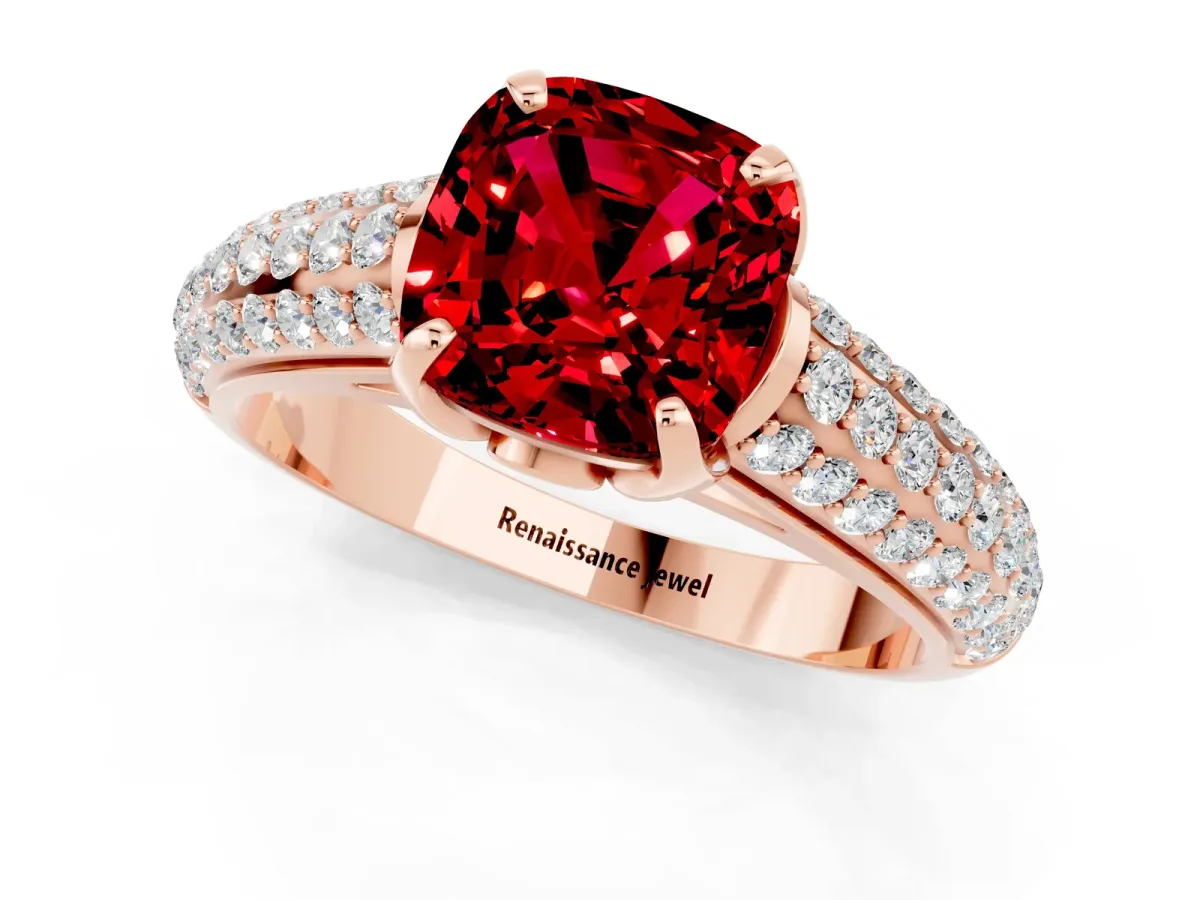 Cushion Cut Ruby Solitaire Ring with Three-Row Pavé Band and Four-Prong Setting Rose gold