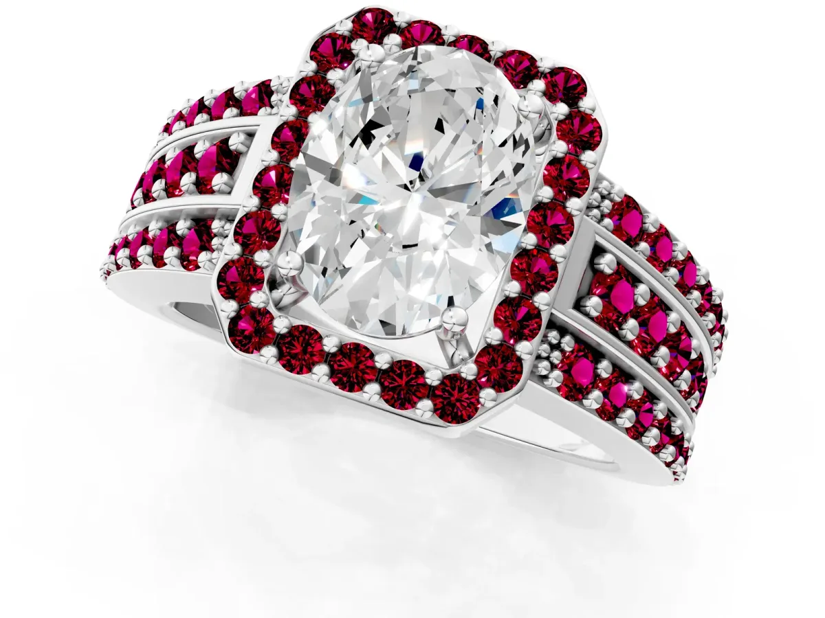 Oval Cut Halo Diamond Ring with Round Garnet Split Shank and Prong Setting Silver