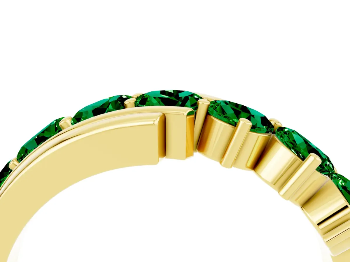 Round Emerald Wave Band with Channel and Shared Prong Setting Yellow gold