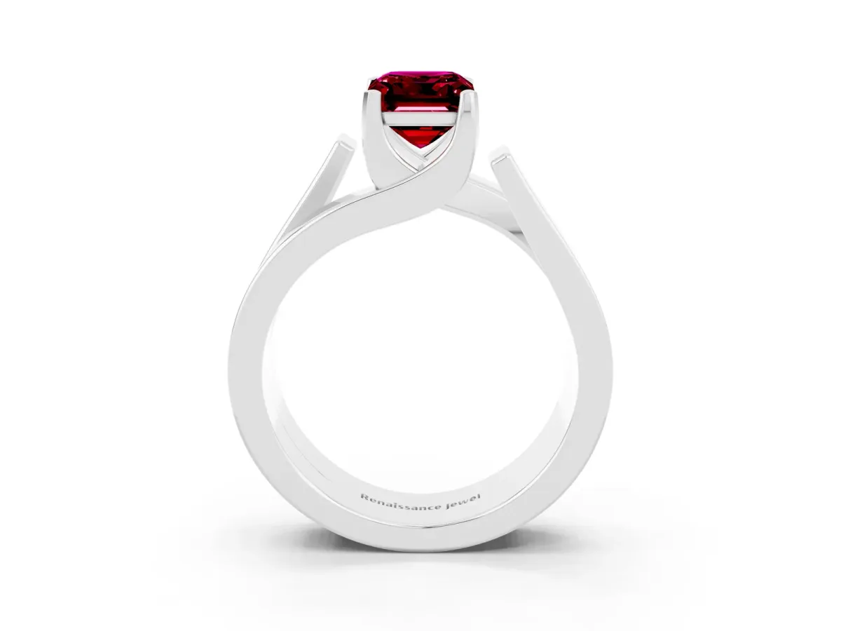 Modern Tension Set Emerald Cut Garnet Solitaire Wide Band Ring Platinum