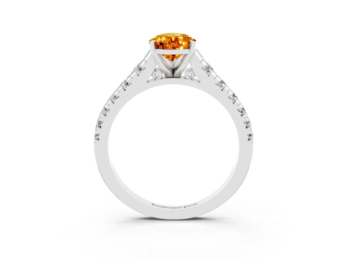 Pear Cut Citrine Cathedral Solitaire Ring with Round Pavé Band Platinum