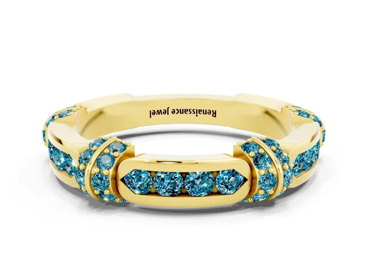 Pavé Round Blue Topaz Link Band with Bezel Setting Yellow gold