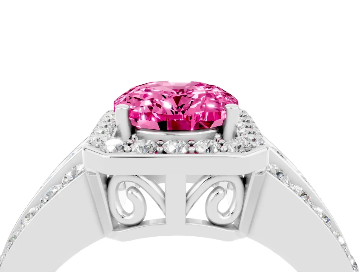 Oval Cut Halo Pink Sapphire Ring with Round Split Shank and Prong Setting Platinum