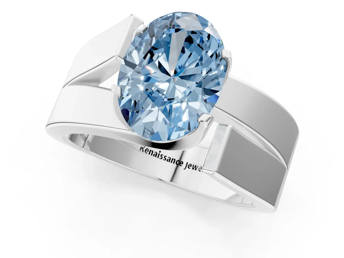 Fancy Blue Modern Tension Set Oval Cut Diamond Solitaire Wide Band Ring Platinum