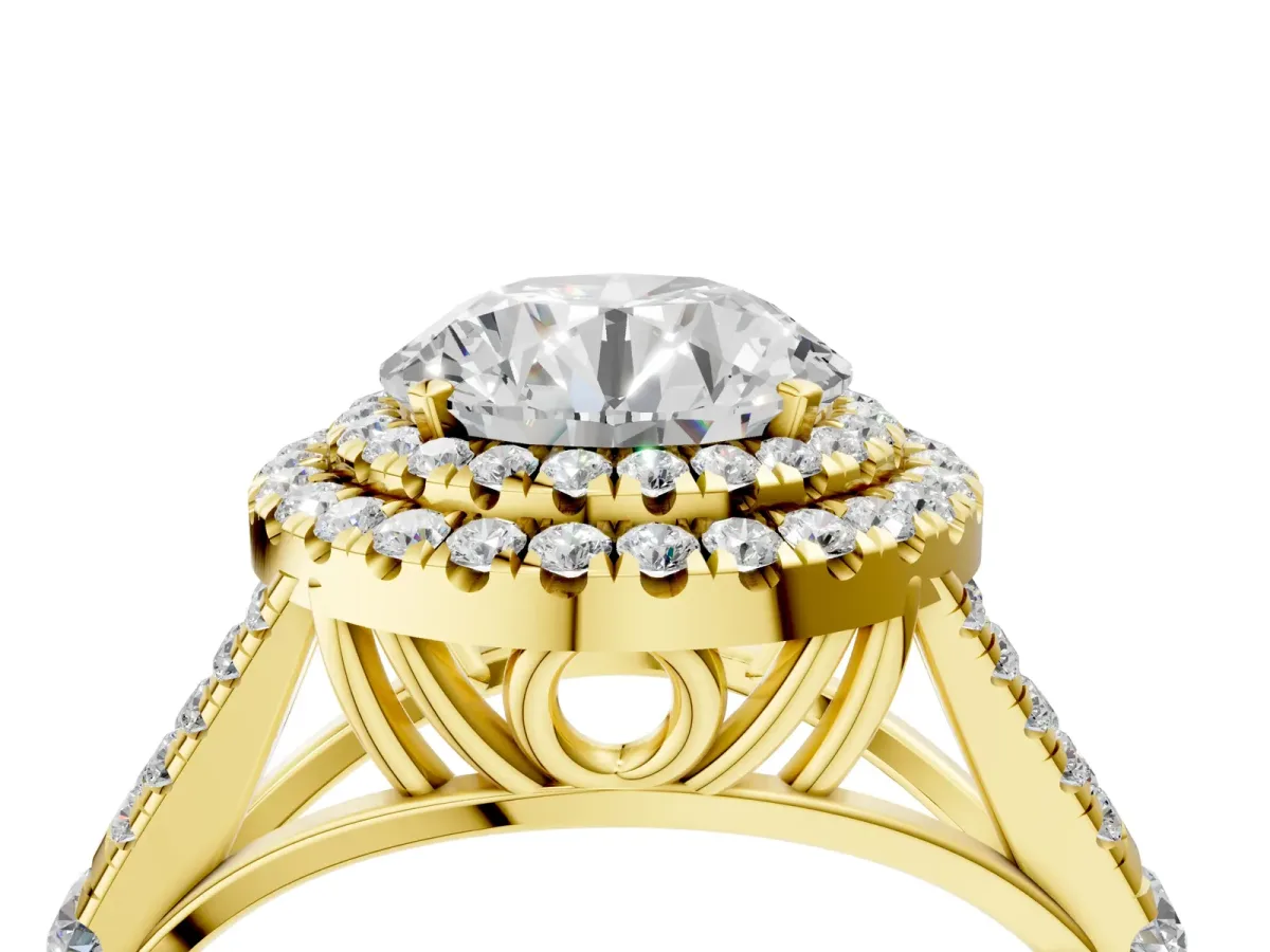 Round Cut Diamond Double Halo Ring with Split Shank and Prong Setting Yellow gold