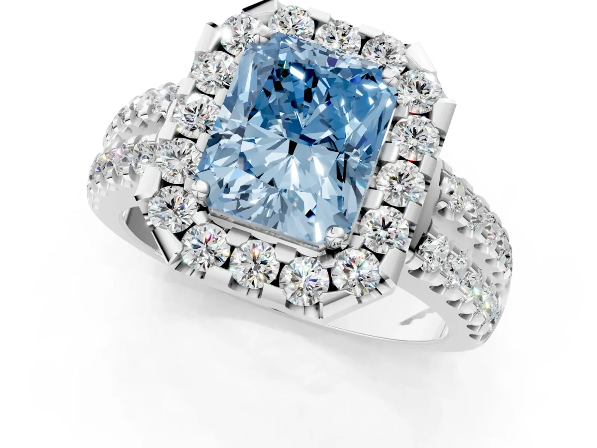 Fancy Blue Radiant Cut Halo Diamond Split Shank Engagement Ring with Prong Setting Platinum