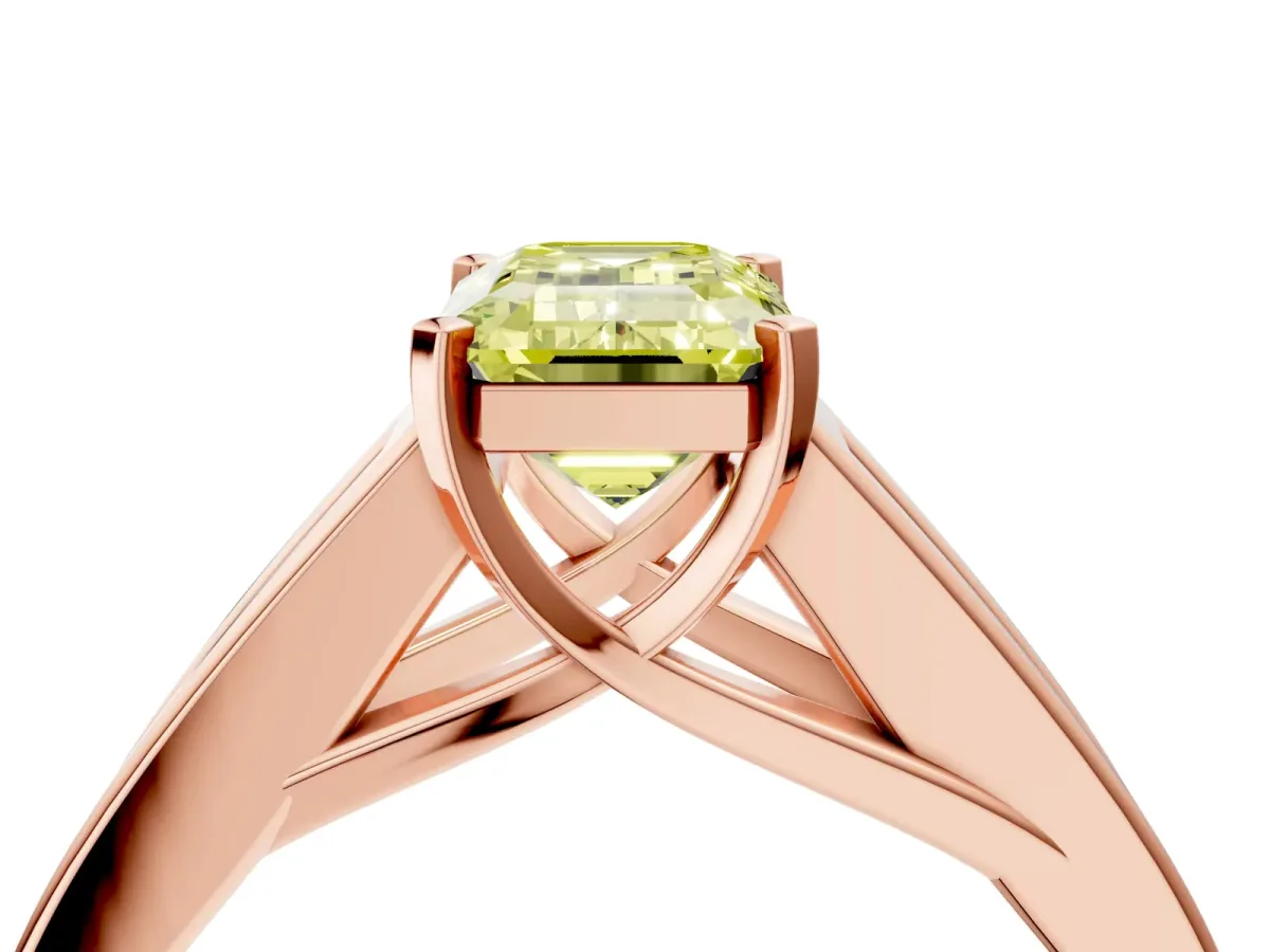 Fancy Yellow Emerald Cut Cut Channel Set Solitaire Ring with Four-Prong Setting Rose gold