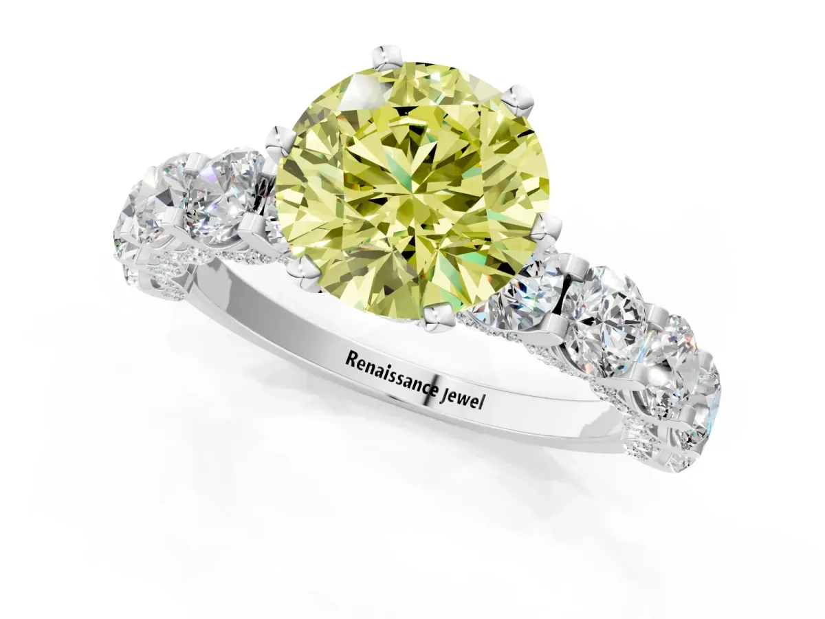 Fancy Yellow Round Cut Diamond Side Stone Engagement Ring with Four-Prong Setting White gold