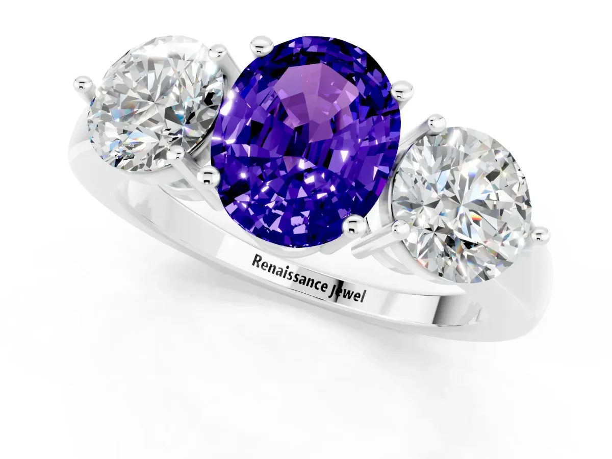 Oval Cut Tanzanite Three-Stone Ring with Prong Setting and Classic Band White gold