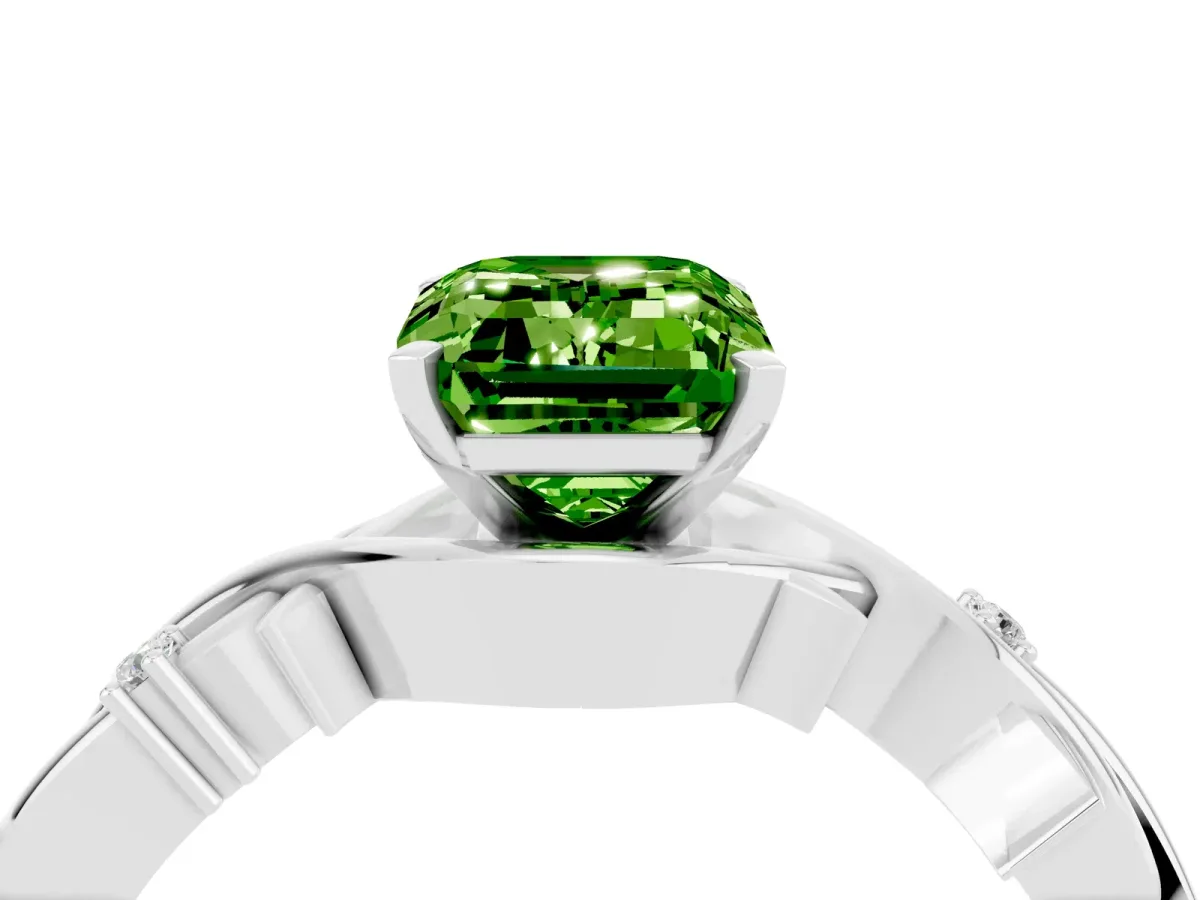 Emerald Cut Peridot Solitaire Ring with Twisted Band and Prong Setting Platinum