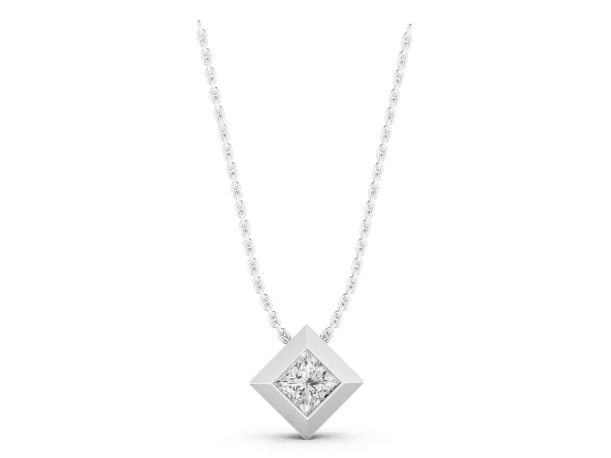 Bezel Princess Cut Diamond Pendant Silver