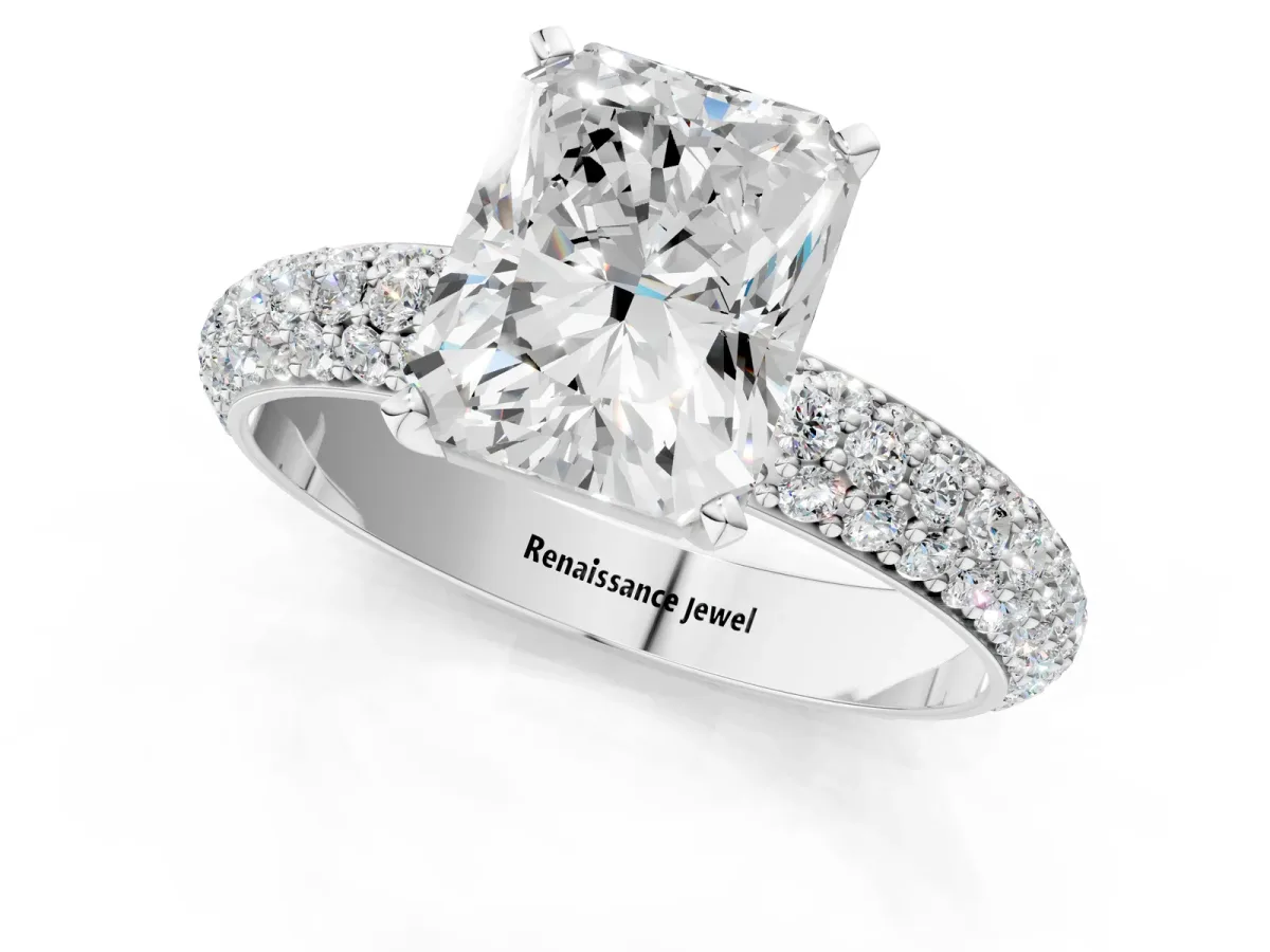Radiant Cut Diamond Solitaire Ring with Prong Setting and Pavé Band Platinum