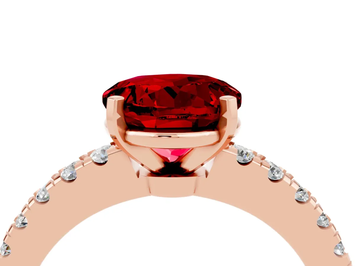 Round Cut Solitaire Ruby with Pavé Band and Four-Prong Setting Rose gold