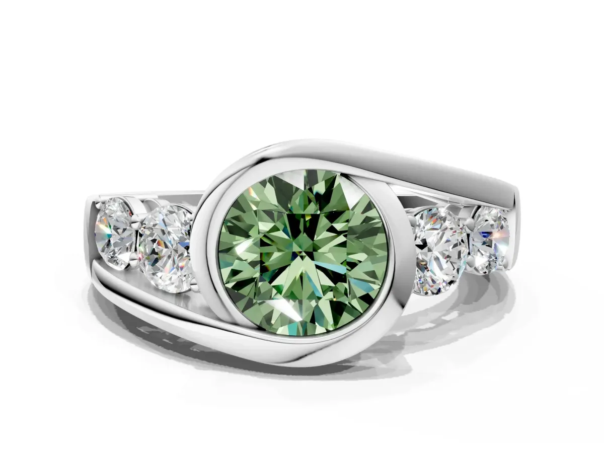 Fancy Green Bezel Set Round Cut Diamond Bypass Ring with Round Accents Silver