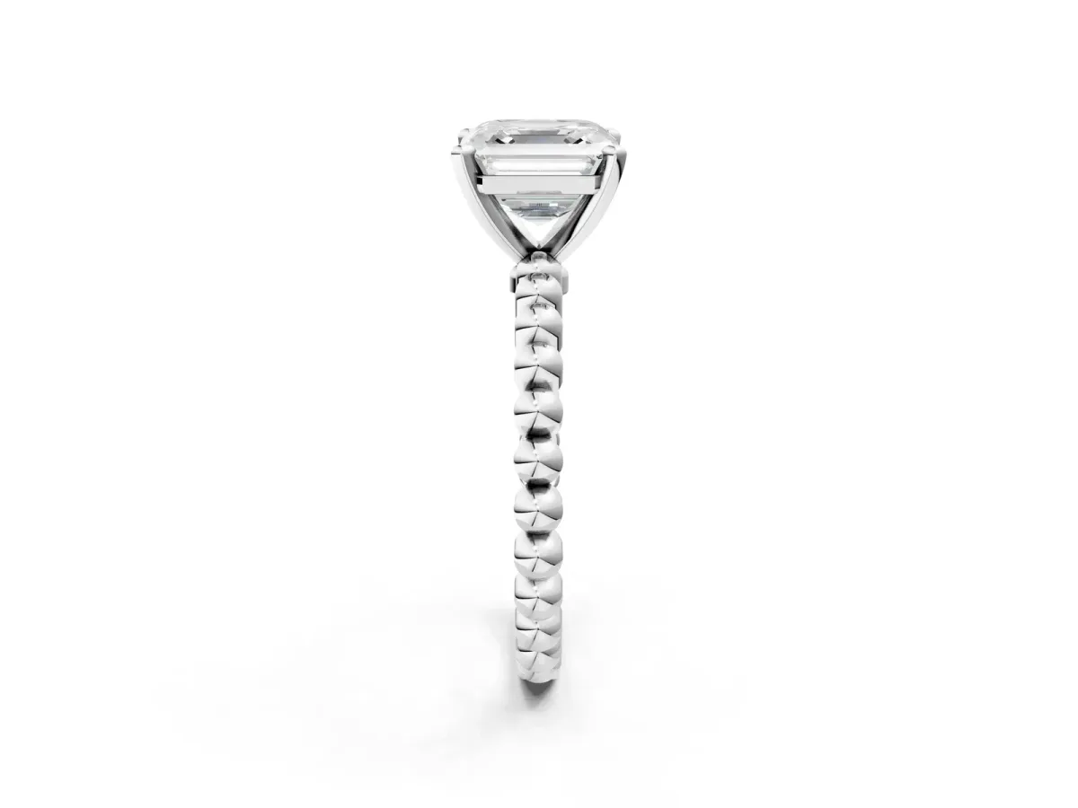 Asscher Cut Diamond Solitaire Ring with Beaded Band and Prong Setting Platinum