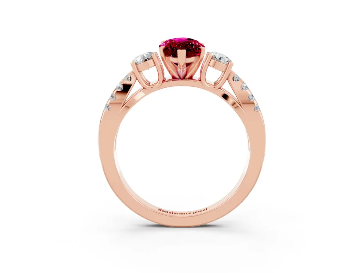 Marquise Cut Garnet Three-Stone Ring with Pavé Split Shank and Four-Prong Setting Rose gold