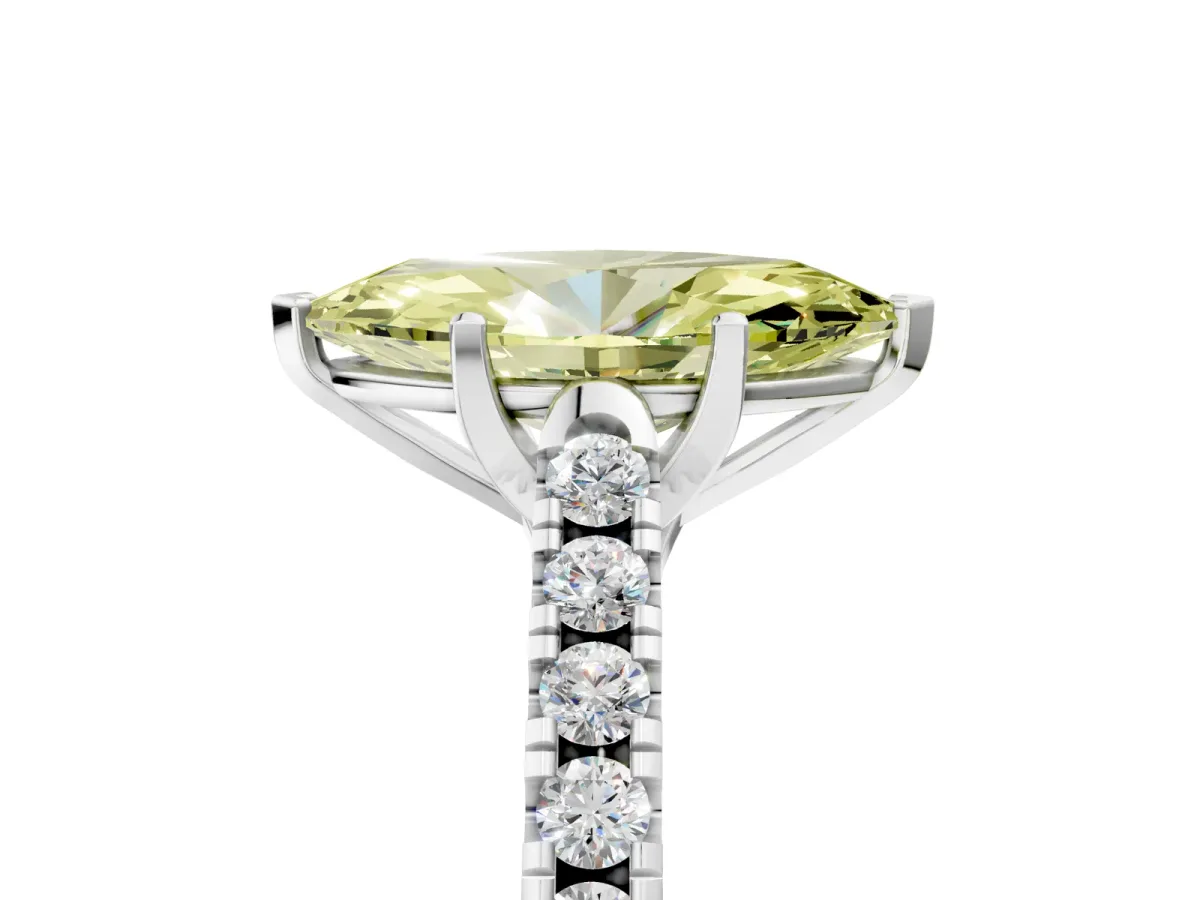 Fancy Yellow Marquise Cut Diamond Pavé Band Solitaire Ring with Prong Setting Silver