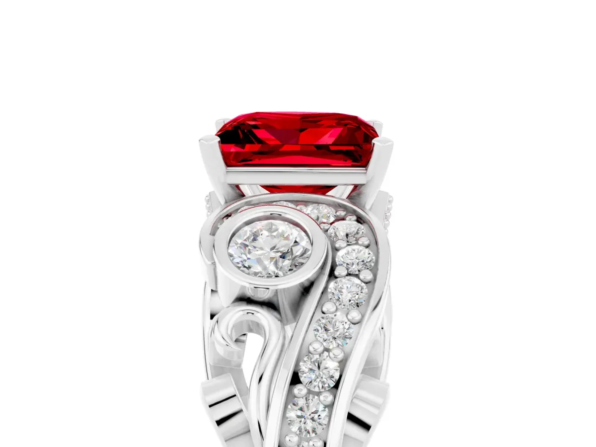 Princess Cut Ruby Solitaire Ring with Milgrain Pavé Band and Four-Prong Setting Platinum